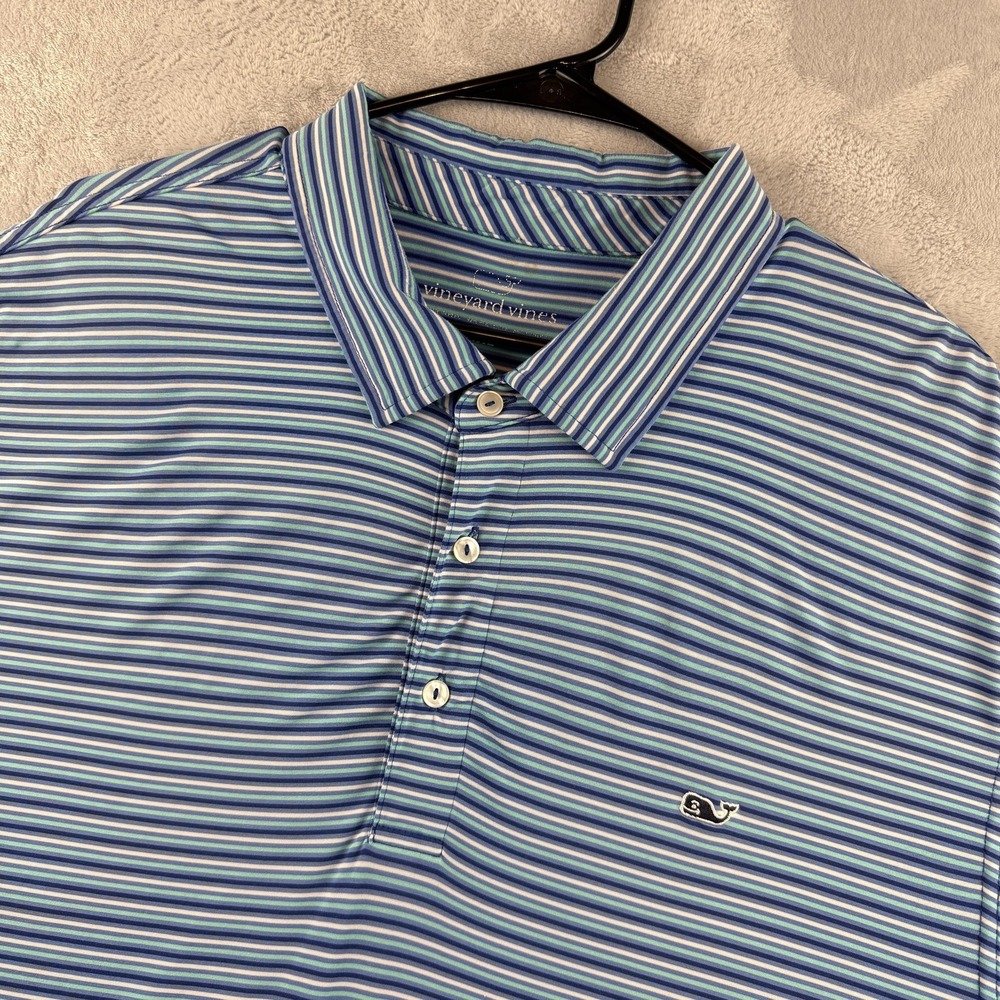 Vineyard Vines Performance Polo Shirt Mens 2XL Blue Green Striped Golf Stretch